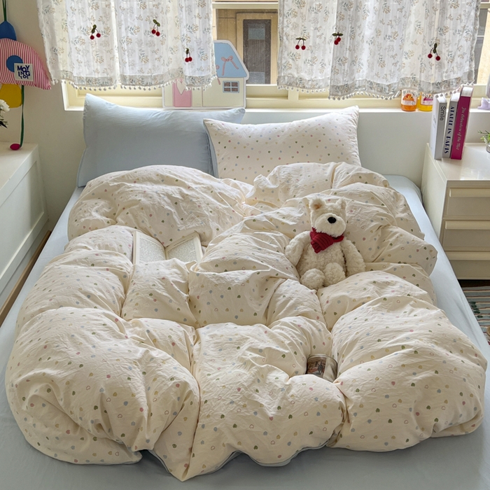 91家纺网 家纺一手货源 找家纺 希丞家居 2025新款ins小清新水洗优嘉棉四件套 爱心软糖