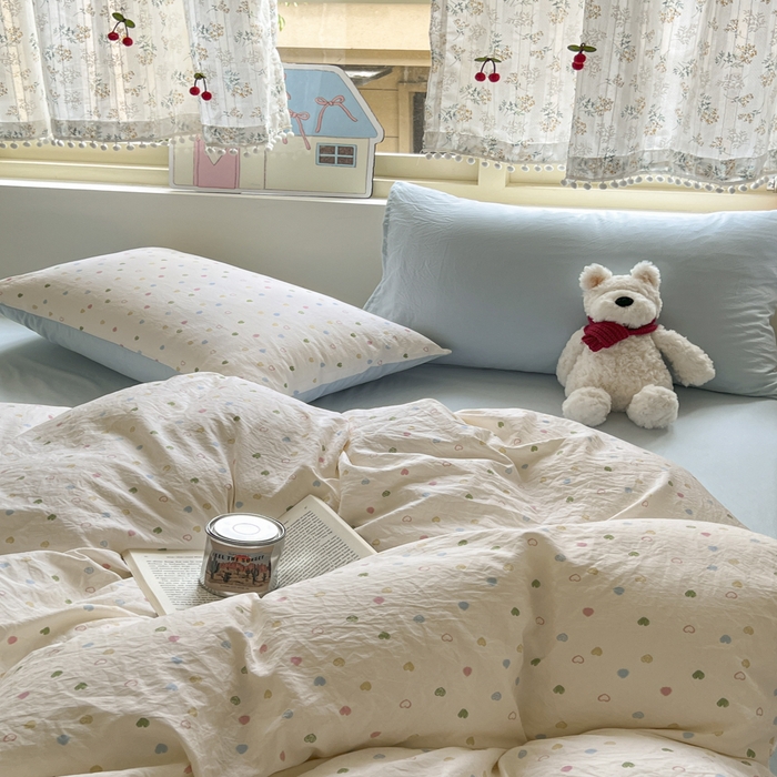 91家纺网 家纺一手货源 找家纺 希丞家居 2025新款ins小清新水洗优嘉棉四件套 爱心软糖