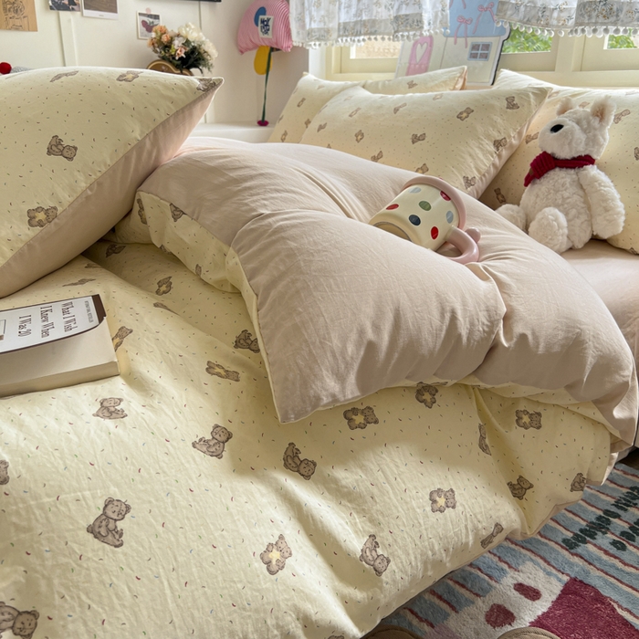 91家纺网 家纺一手货源 找家纺 希丞家居 2025新款ins小清新水洗优嘉棉四件套 星愿小熊