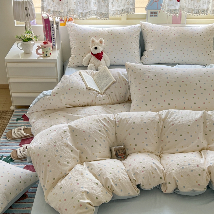 91家纺网 家纺一手货源 找家纺 希丞家居 2025新款ins小清新水洗优嘉棉四件套 爱心软糖