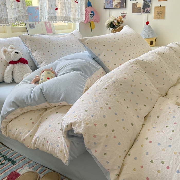 91家纺网 家纺一手货源 找家纺 希丞家居 2025新款ins小清新水洗优嘉棉四件套 爱心软糖