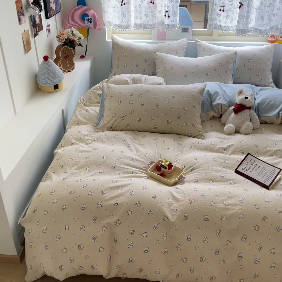91家纺网 家纺一手货源 找家纺 希丞家居 2025新款ins小清新水洗优嘉棉四件套 汪星乐园