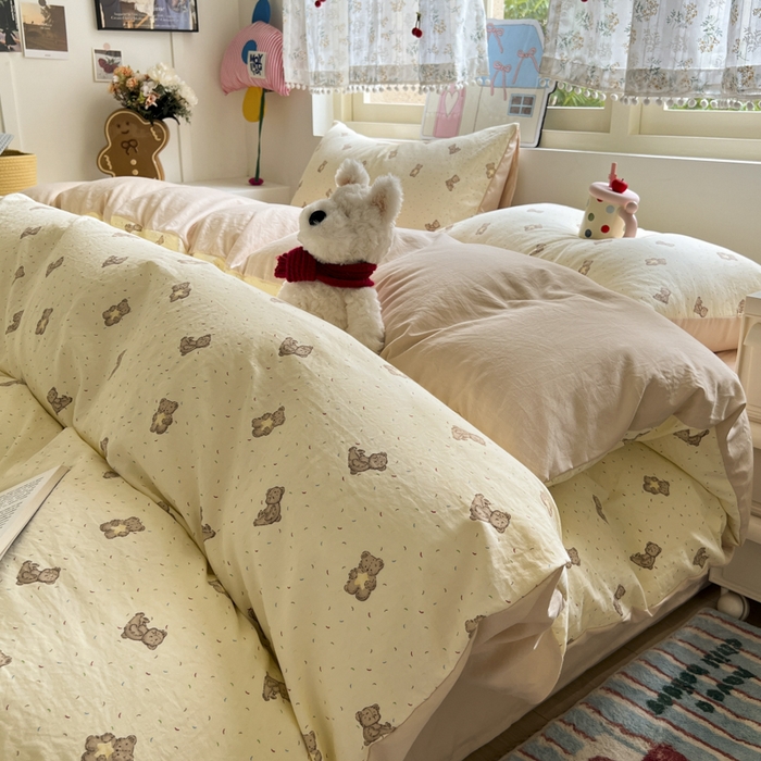 91家纺网 家纺一手货源 找家纺 希丞家居 2025新款ins小清新水洗优嘉棉四件套 星愿小熊