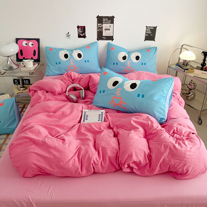 优卡迪家纺馆 2025新款A类亲肤水洗棉大眼萌纯色混搭四件套 大眼萌-玫红粉