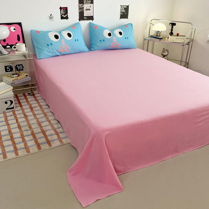 91家纺网 家纺一手货源 找家纺 优卡迪家纺馆 2025新款A类亲肤水洗棉大眼萌纯色混搭四件套 大眼萌-玫红粉