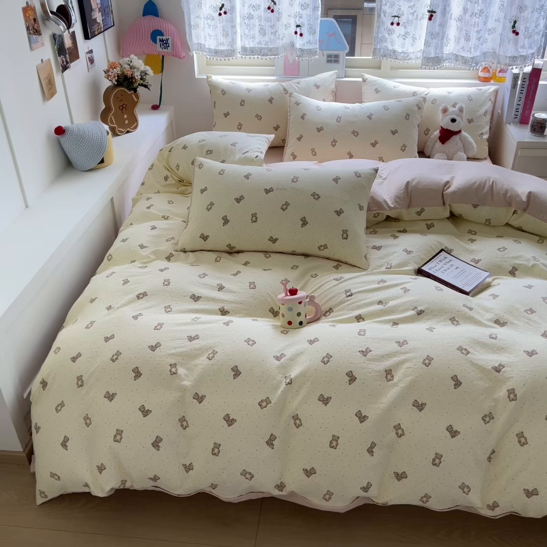 91家纺网 家纺一手货源 找家纺 希丞家居 2025新款ins小清新水洗优嘉棉四件套 星愿小熊