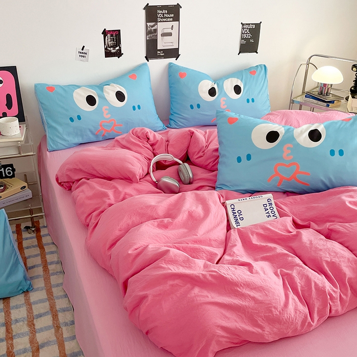 91家纺网 家纺一手货源 找家纺 优卡迪家纺馆 2025新款A类亲肤水洗棉大眼萌纯色混搭四件套 大眼萌-玫红粉