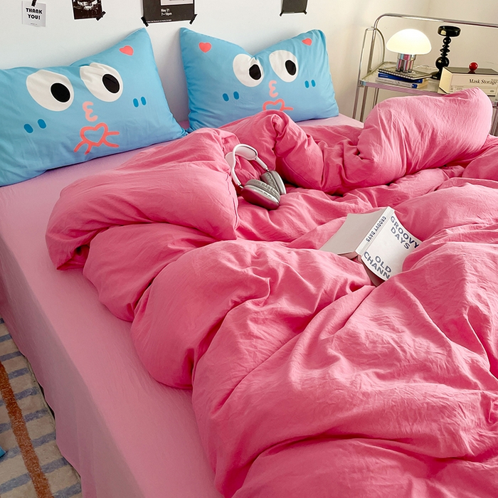 91家纺网 家纺一手货源 找家纺 优卡迪家纺馆 2025新款A类亲肤水洗棉大眼萌纯色混搭四件套 大眼萌-玫红粉