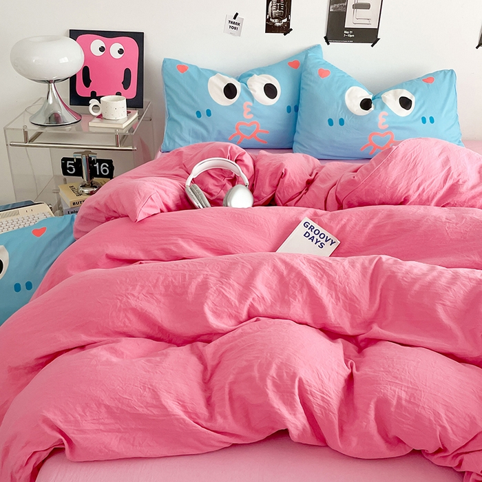 91家纺网 家纺一手货源 找家纺 优卡迪家纺馆 2025新款A类亲肤水洗棉大眼萌纯色混搭四件套 大眼萌-玫红粉