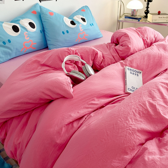 91家纺网 家纺一手货源 找家纺 优卡迪家纺馆 2025新款A类亲肤水洗棉大眼萌纯色混搭四件套 大眼萌-玫红粉