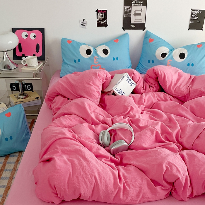 91家纺网 家纺一手货源 找家纺 优卡迪家纺馆 2025新款A类亲肤水洗棉大眼萌纯色混搭四件套 大眼萌-玫红粉