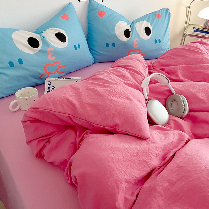 91家纺网 家纺一手货源 找家纺 优卡迪家纺馆 2025新款A类亲肤水洗棉大眼萌纯色混搭四件套 大眼萌-玫红粉