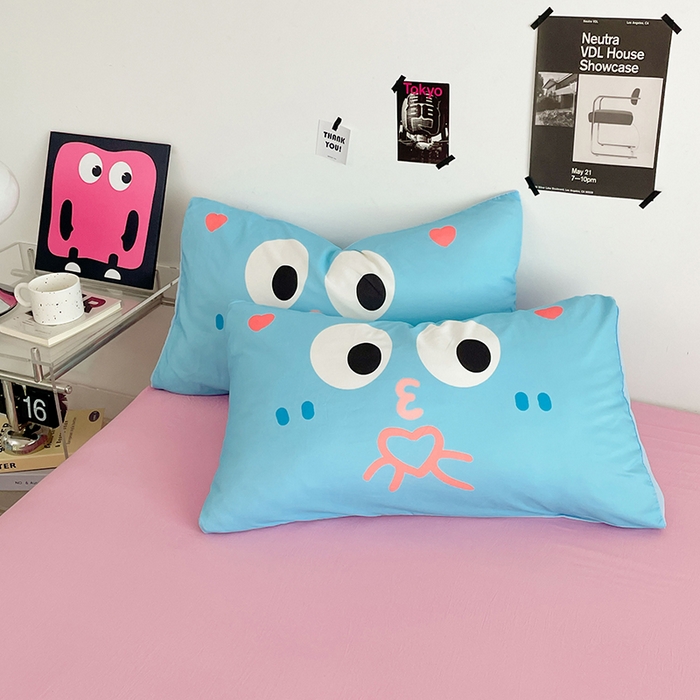 91家纺网 家纺一手货源 找家纺 优卡迪家纺馆 2025新款A类亲肤水洗棉大眼萌纯色混搭四件套 大眼萌-玫红粉