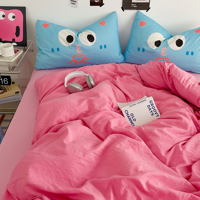 91家纺网 家纺一手货源 找家纺 优卡迪家纺馆 2025新款A类亲肤水洗棉大眼萌纯色混搭四件套 大眼萌-玫红粉