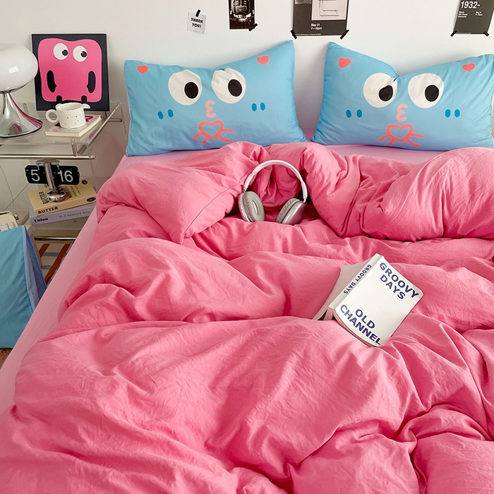 91家纺网 家纺一手货源 找家纺 优卡迪家纺馆 2025新款A类亲肤水洗棉大眼萌纯色混搭四件套 大眼萌-玫红粉