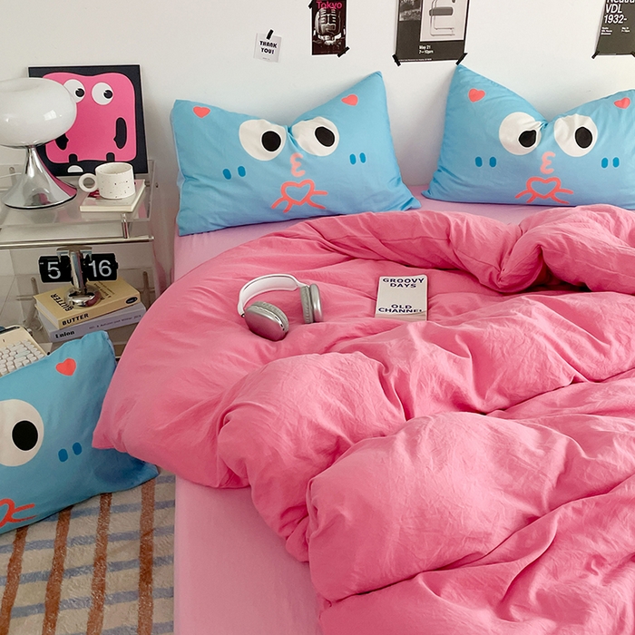 91家纺网 家纺一手货源 找家纺 优卡迪家纺馆 2025新款A类亲肤水洗棉大眼萌纯色混搭四件套 大眼萌-玫红粉