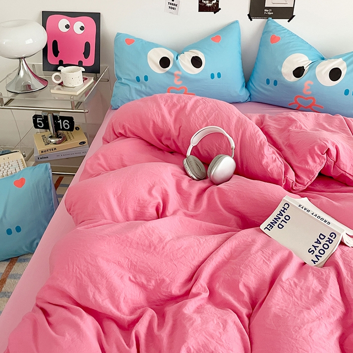 91家纺网 家纺一手货源 找家纺 优卡迪家纺馆 2025新款A类亲肤水洗棉大眼萌纯色混搭四件套 大眼萌-玫红粉