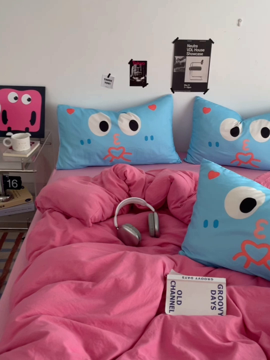 91家纺网 家纺一手货源 找家纺 优卡迪家纺馆 2025新款A类亲肤水洗棉大眼萌纯色混搭四件套 大眼萌-玫红粉