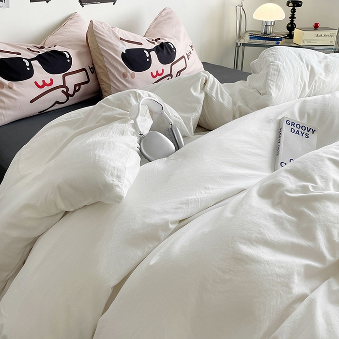 91家纺网 家纺一手货源 找家纺 优卡迪家纺馆 2025新款A类亲肤水洗棉大眼萌纯色混搭四件套 大眼萌-米白灰