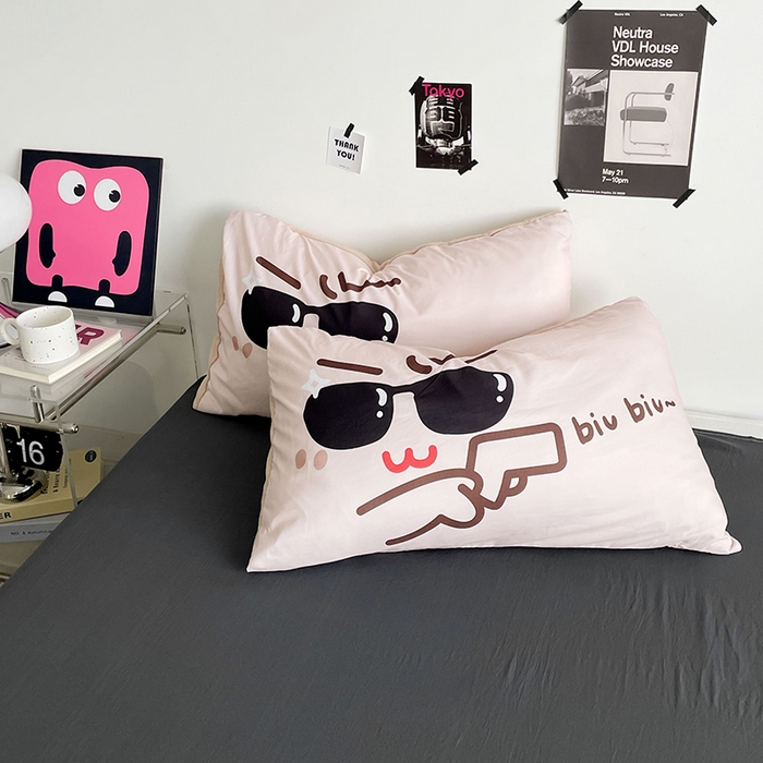 91家纺网 家纺一手货源 找家纺 优卡迪家纺馆 2025新款A类亲肤水洗棉大眼萌纯色混搭四件套 大眼萌-米白灰