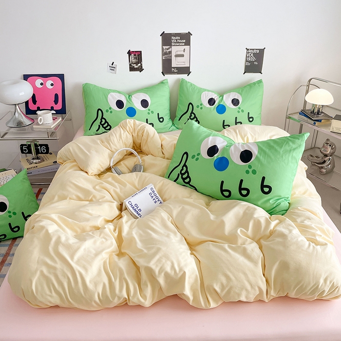 优卡迪家纺馆 2025新款A类亲肤水洗棉大眼萌纯色混搭四件套 大眼萌-奶黄粉