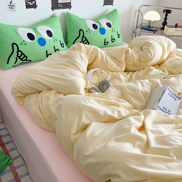 91家纺网 家纺一手货源 找家纺 优卡迪家纺馆 2025新款A类亲肤水洗棉大眼萌纯色混搭四件套 大眼萌-奶黄粉