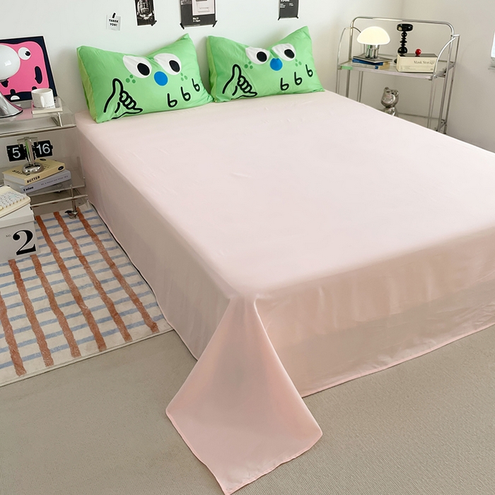 91家纺网 家纺一手货源 找家纺 优卡迪家纺馆 2025新款A类亲肤水洗棉大眼萌纯色混搭四件套 大眼萌-奶黄粉