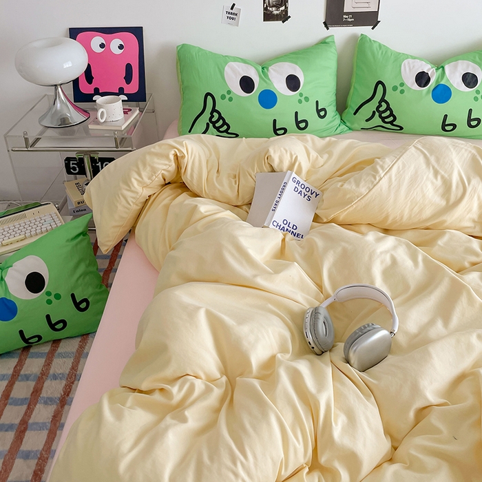 91家纺网 家纺一手货源 找家纺 优卡迪家纺馆 2025新款A类亲肤水洗棉大眼萌纯色混搭四件套 大眼萌-奶黄粉