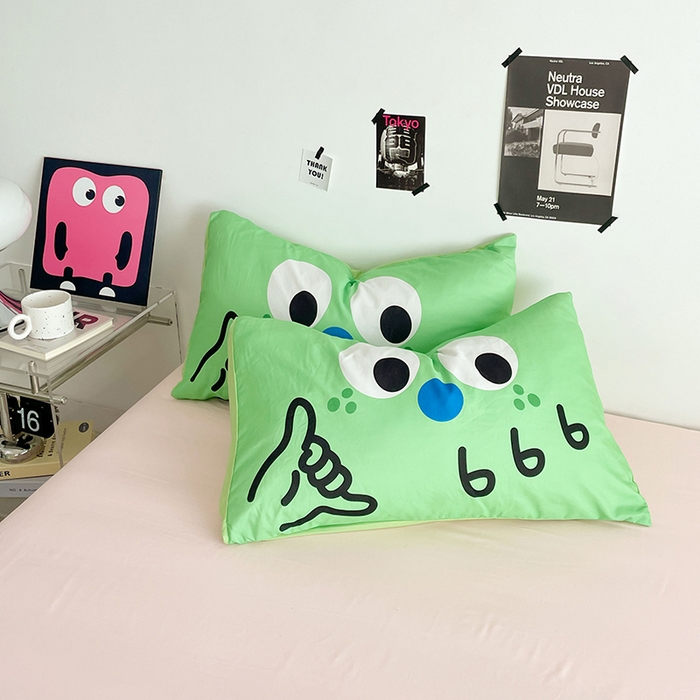 91家纺网 家纺一手货源 找家纺 优卡迪家纺馆 2025新款A类亲肤水洗棉大眼萌纯色混搭四件套 大眼萌-奶黄粉