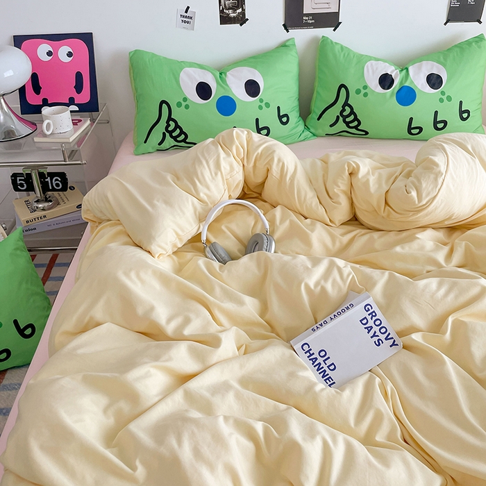 91家纺网 家纺一手货源 找家纺 优卡迪家纺馆 2025新款A类亲肤水洗棉大眼萌纯色混搭四件套 大眼萌-奶黄粉