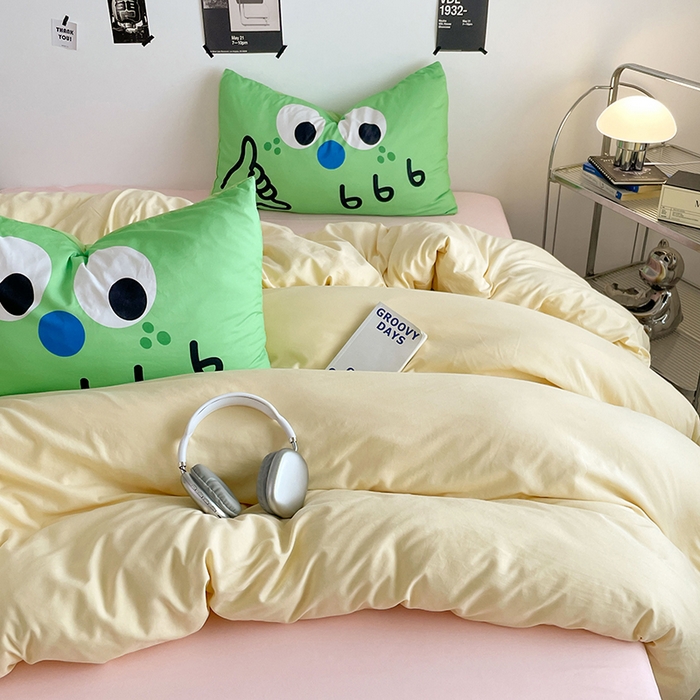 91家纺网 家纺一手货源 找家纺 优卡迪家纺馆 2025新款A类亲肤水洗棉大眼萌纯色混搭四件套 大眼萌-奶黄粉