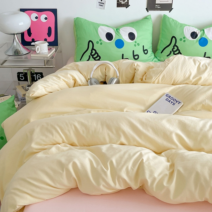 91家纺网 家纺一手货源 找家纺 优卡迪家纺馆 2025新款A类亲肤水洗棉大眼萌纯色混搭四件套 大眼萌-奶黄粉