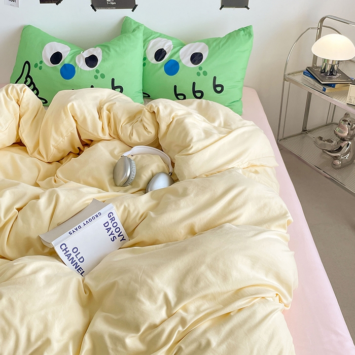 91家纺网 家纺一手货源 找家纺 优卡迪家纺馆 2025新款A类亲肤水洗棉大眼萌纯色混搭四件套 大眼萌-奶黄粉