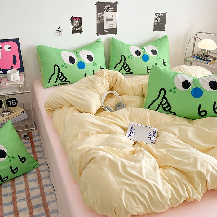 91家纺网 家纺一手货源 找家纺 优卡迪家纺馆 2025新款A类亲肤水洗棉大眼萌纯色混搭四件套 大眼萌-奶黄粉