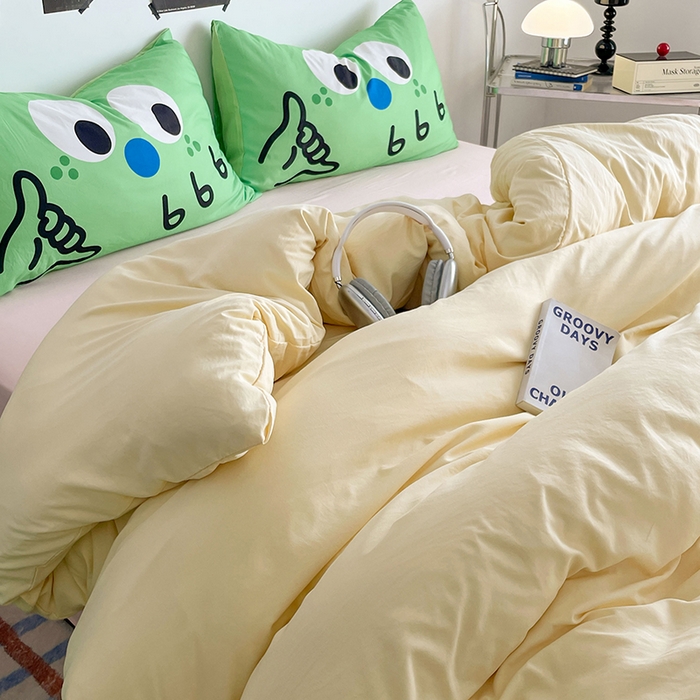 91家纺网 家纺一手货源 找家纺 优卡迪家纺馆 2025新款A类亲肤水洗棉大眼萌纯色混搭四件套 大眼萌-奶黄粉