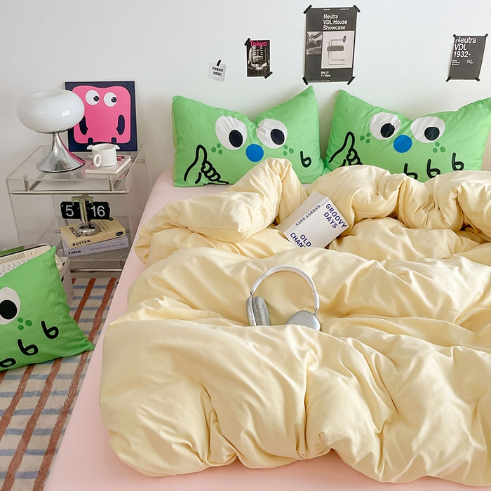 91家纺网 家纺一手货源 找家纺 优卡迪家纺馆 2025新款A类亲肤水洗棉大眼萌纯色混搭四件套 大眼萌-奶黄粉