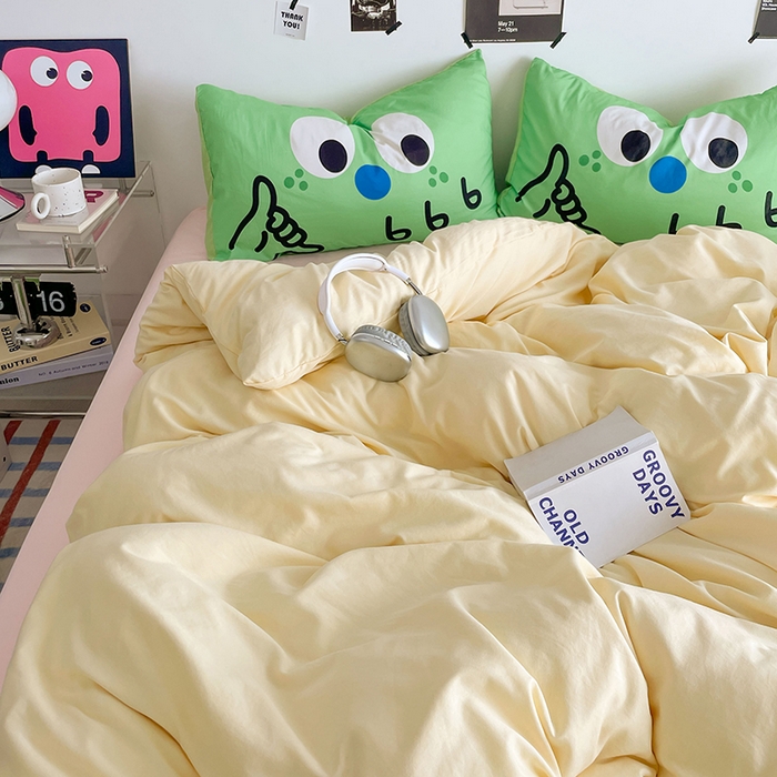 91家纺网 家纺一手货源 找家纺 优卡迪家纺馆 2025新款A类亲肤水洗棉大眼萌纯色混搭四件套 大眼萌-奶黄粉