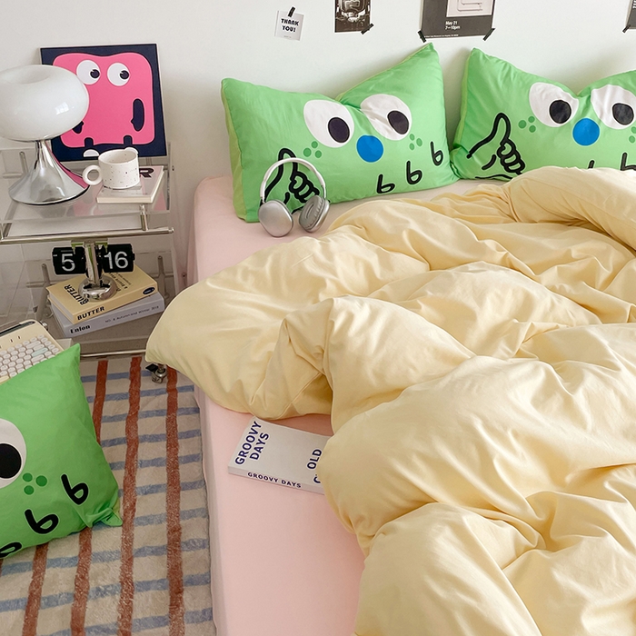 91家纺网 家纺一手货源 找家纺 优卡迪家纺馆 2025新款A类亲肤水洗棉大眼萌纯色混搭四件套 大眼萌-奶黄粉