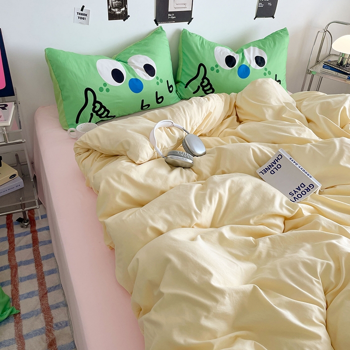 91家纺网 家纺一手货源 找家纺 优卡迪家纺馆 2025新款A类亲肤水洗棉大眼萌纯色混搭四件套 大眼萌-奶黄粉