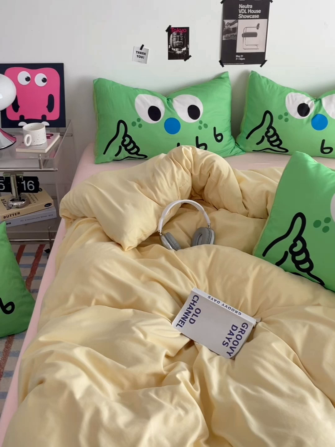 91家纺网 家纺一手货源 找家纺 优卡迪家纺馆 2025新款A类亲肤水洗棉大眼萌纯色混搭四件套 大眼萌-奶黄粉