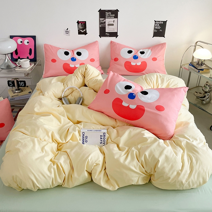 优卡迪家纺馆 2025新款A类亲肤水洗棉大眼萌纯色混搭四件套 大眼萌-奶黄绿