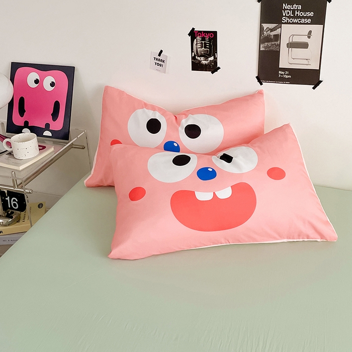 91家纺网 家纺一手货源 找家纺 优卡迪家纺馆 2025新款A类亲肤水洗棉大眼萌纯色混搭四件套 大眼萌-奶黄绿