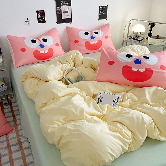 91家纺网 家纺一手货源 找家纺 优卡迪家纺馆 2025新款A类亲肤水洗棉大眼萌纯色混搭四件套 大眼萌-奶黄绿