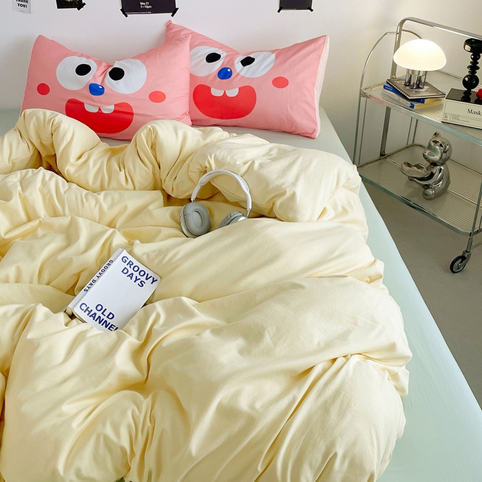 91家纺网 家纺一手货源 找家纺 优卡迪家纺馆 2025新款A类亲肤水洗棉大眼萌纯色混搭四件套 大眼萌-奶黄绿