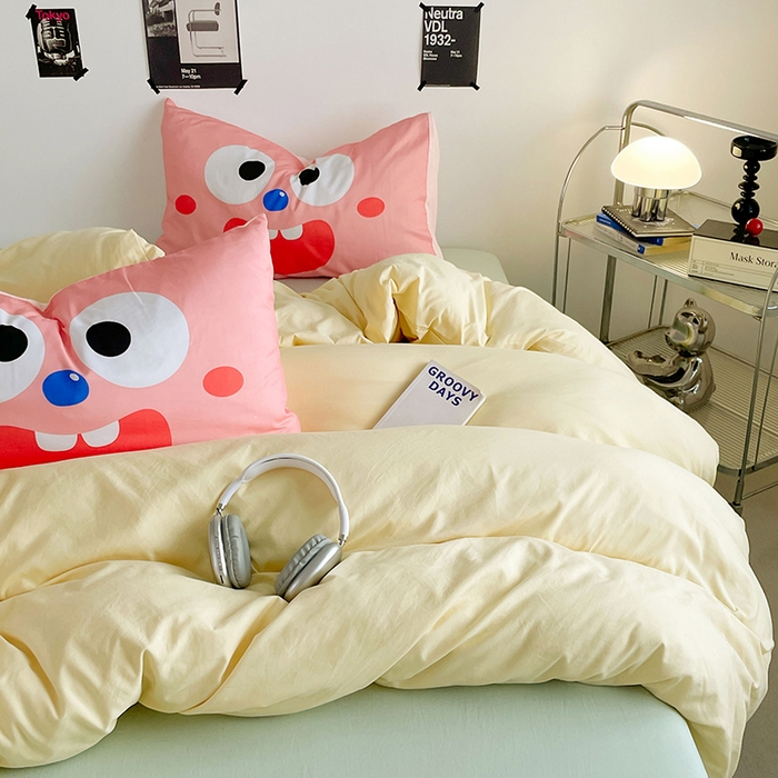 91家纺网 家纺一手货源 找家纺 优卡迪家纺馆 2025新款A类亲肤水洗棉大眼萌纯色混搭四件套 大眼萌-奶黄绿