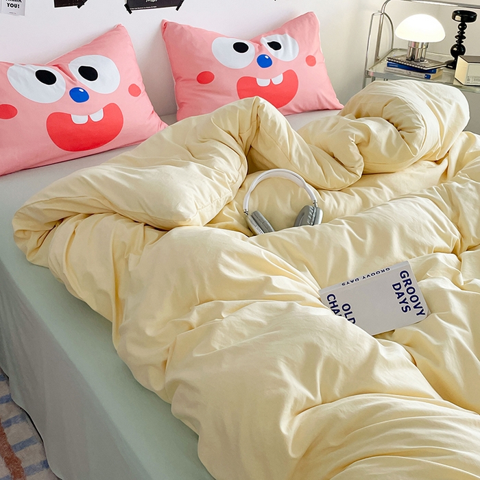 91家纺网 家纺一手货源 找家纺 优卡迪家纺馆 2025新款A类亲肤水洗棉大眼萌纯色混搭四件套 大眼萌-奶黄绿