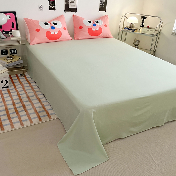 91家纺网 家纺一手货源 找家纺 优卡迪家纺馆 2025新款A类亲肤水洗棉大眼萌纯色混搭四件套 大眼萌-奶黄绿