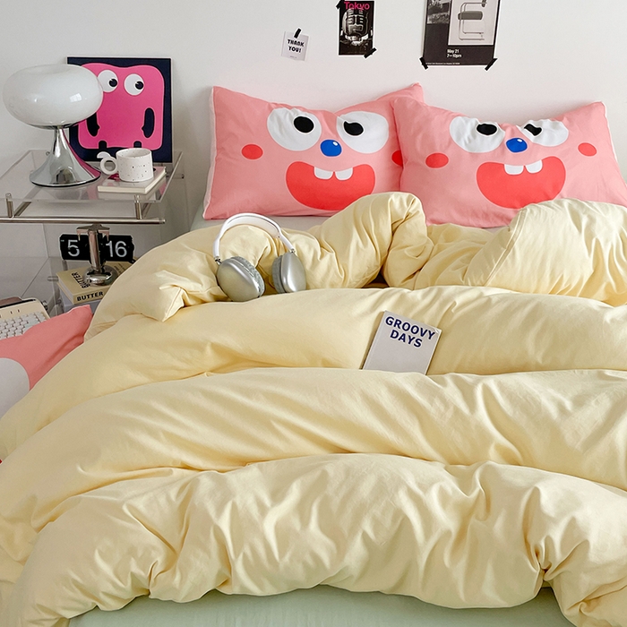 91家纺网 家纺一手货源 找家纺 优卡迪家纺馆 2025新款A类亲肤水洗棉大眼萌纯色混搭四件套 大眼萌-奶黄绿