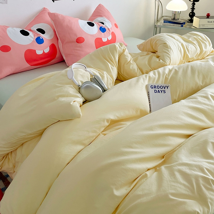 91家纺网 家纺一手货源 找家纺 优卡迪家纺馆 2025新款A类亲肤水洗棉大眼萌纯色混搭四件套 大眼萌-奶黄绿