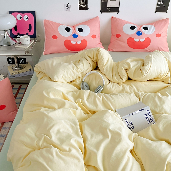 91家纺网 家纺一手货源 找家纺 优卡迪家纺馆 2025新款A类亲肤水洗棉大眼萌纯色混搭四件套 大眼萌-奶黄绿